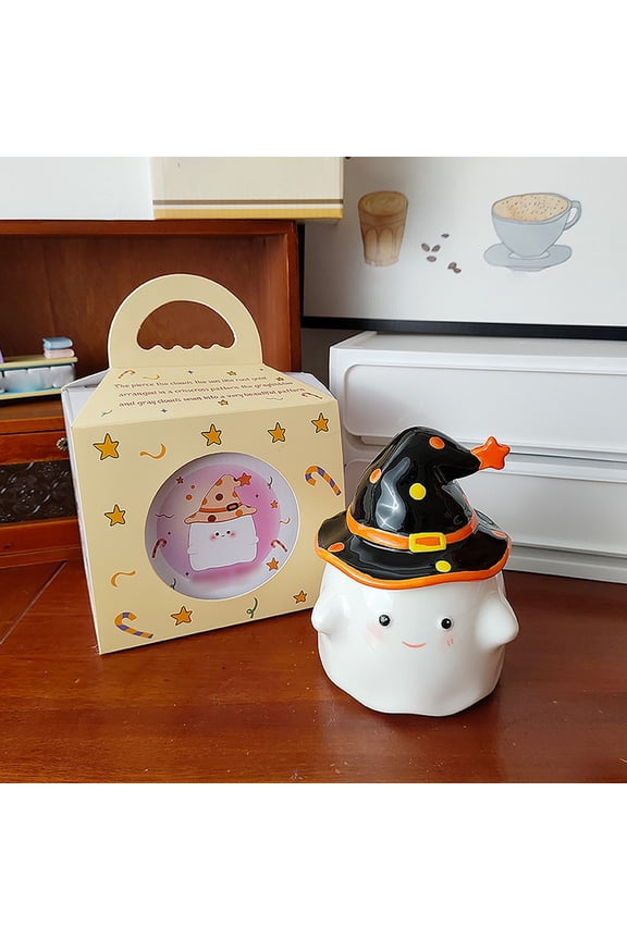 Halloween Ceramic Coffee Mug with Lid, Cute Ghost Pumpkin Design. Funny Office Desk Cup, Birthday Gift for Coworker, Friend. Home Kitchen Decor, for Fall, Hot Cocoa, Tea.
