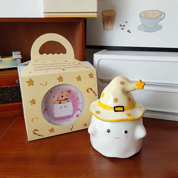 Halloween Ceramic Coffee Mug with Lid, Cute Ghost Pumpkin Design. Funny Office Desk Cup, Birthday Gift for Coworker, Friend. Home Kitchen Decor, for Fall, Hot Cocoa, Tea.