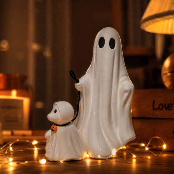 Halloween Ceramic Ghost Figurine Set, White Ghost Walking Little Dog Statue, Modern Halloween Tabletop Decor for Home Shelf Mantel Indoor Display