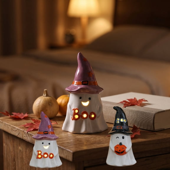 Halloween Ceramic Ghost Night Light with Witch Hat, Glowing Ghost Figurine Table Lamp, Spooky Fall Decor Statue for Home, Mantel Tabletop Halloween Holiday Decoration, A