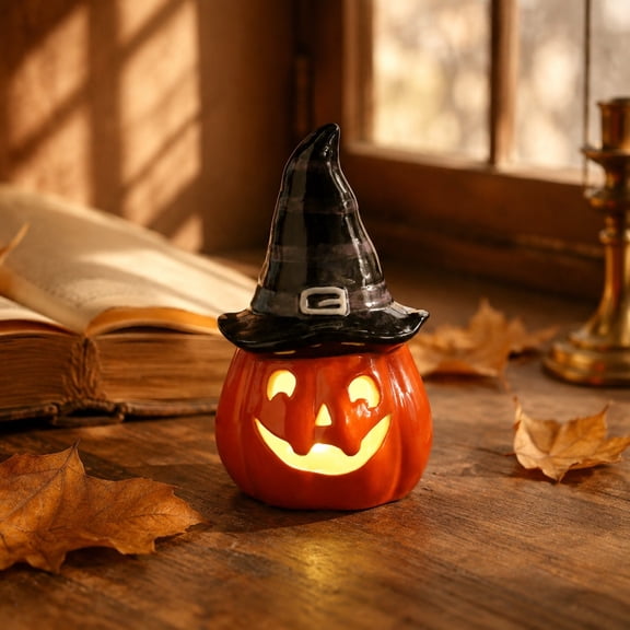 Halloween Ceramic Lighted Pumpkin Figurine with Witch Hat, Hollow Out Candle Glow LED Night Light, Tabletop Decor for Fall, Halloween & Thanksgiving