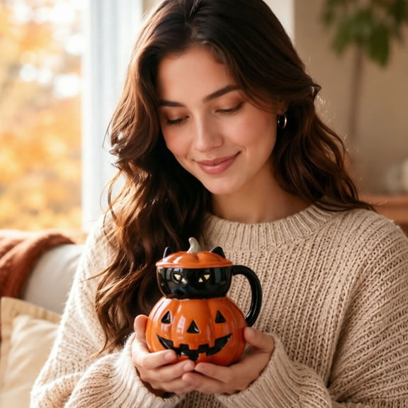 Halloween Ceramic Mug Embossed Pumpkin Ghost Mug with Lid Halloween Coffee Cup Ceramic Drinkware for Coffee Tea Hot Cocoa Fall Halloween Party Kitchen Table Home Decor Gift