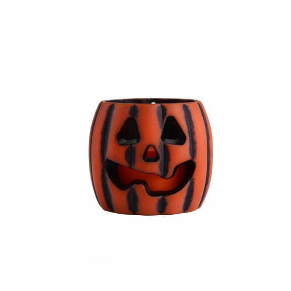 Halloween Ceramic Pumpkin Candle Holder Glowing Lantern Tabletop Mantel Shelf Decor with Carved Face Design(Orange)