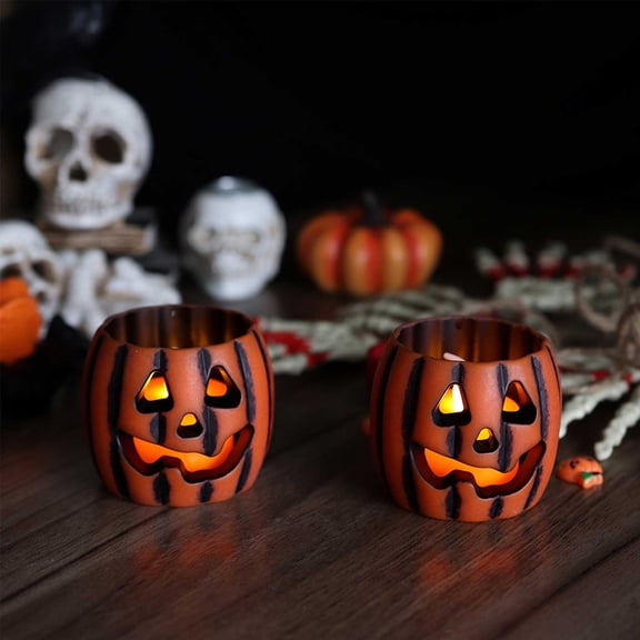 Halloween Ceramic Pumpkin Candle Holder Lantern, Glowing Jack O Lantern Decorative Ornament, Spooky Festive Decor for Tabletop Mantel Shelf Party Home Halloween Decoration, Orange