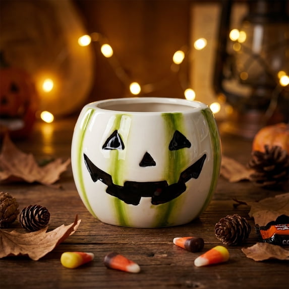 Halloween Ceramic Pumpkin Candle Holders, Striped Jack O Lantern Mini Planter Decor for Fall Tabletop
