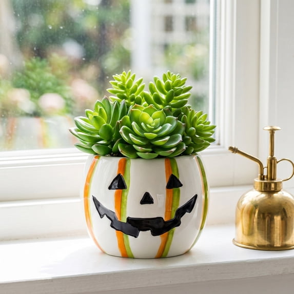 Halloween Ceramic Pumpkin Candle Holders, Striped Jack O Lantern Mini Planter Decor for Fall Tabletop
