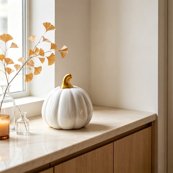 Halloween Ceramic Pumpkin LED Night Light, Glowing Pumpkin Decor with Warm Light for Bedroom Tabletop Shelf Thanksgiving Fall Display