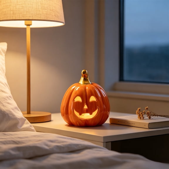 Halloween Ceramic Pumpkin LED Night Light, Glowing Warm Light Hollow Smile 3.82x3.35x3.31 Inch Battery Operated Fall Table Decor