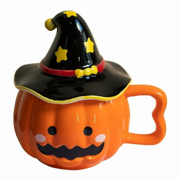 Halloween Ceramic Pumpkin Mug, Lantern Coffee Mug, Pumpkin Cup with Handle Halloween Theme Coffee Mug Cute Table Pottery Cup for Home Kitchen Festive Parties, with Witch Hat Lid, Gift for Friends
