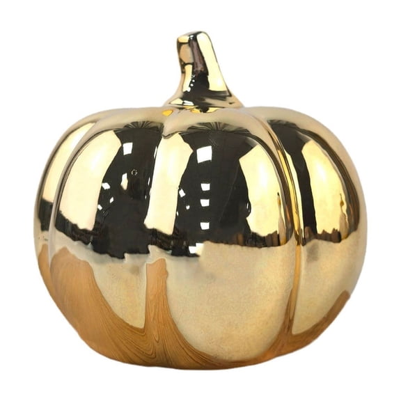 Halloween Ceramic Pumpkin Shiny Bright Gold, Glossy Porcelain Tabletop Decor for Thanksgiving Fall Home, Unique Centerpiece Ornament for Mantel Shelf Display (3.74"x4.13")