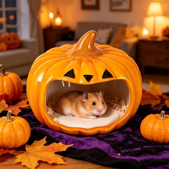 Halloween Ceramic Pumpkin Small Pet Hideout Hut, Smooth Glazed Rest Shelter Cave for Hamsters Gerbils Turtles Hermit Crabs Reptiles Fall Halloween Thanksgiving Cage Decor Supplies