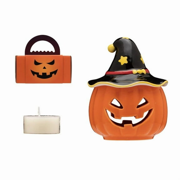 Halloween Ceramic Pumpkin with Witch Hat Candle Holder Desktop Ornament Orange Pumpkin-Shaped Candlestick With Candle for Fall Decor for Halloween Night Celebrations