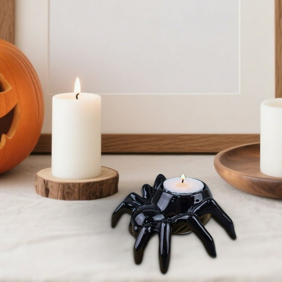 Halloween Ceramic Spider Candle Holder - 4.5" Black Candlestick for Dining Table Centerpiece & Indoor Decor