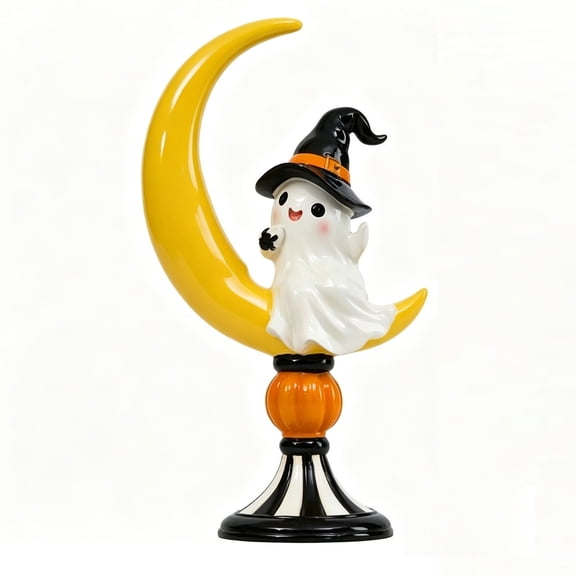 Halloween Ceramic Tabletop Statue Cute Witch Ghost On Smiling Crescent With Pumpkin Base Fall Spooky Home Decor For Mantel Coffee Table Shelf Glossy Glaze Year Round Indoor Ornament Gift Choice