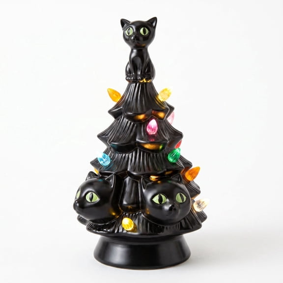 Halloween Ceramic Tree Decorations, 11.8Inch Lighted Black Ceramic Tree with Glowing Pumpkin Lights Battery Powered Tabletop Lamp for Indoor Home Office Halloween Fall Decor