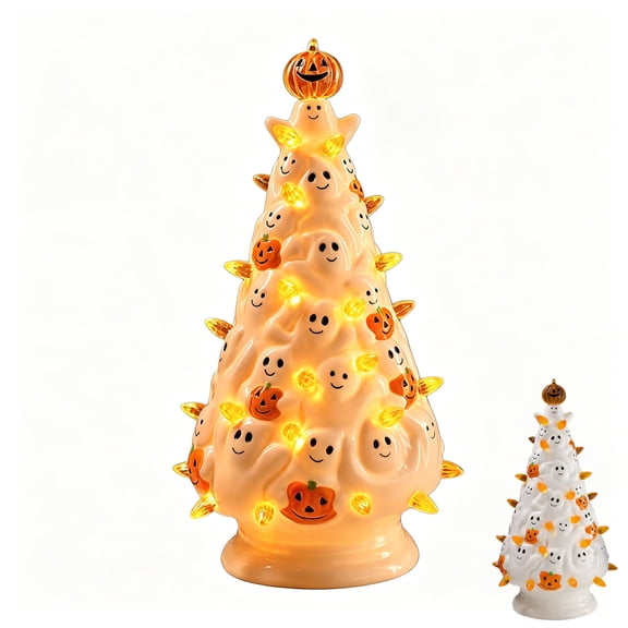 Halloween Ceramic Tree Decorations,Pumpkin Tree,Pre-Lit Halloween Ghost Tree Figurine Resin Orange LED Pumpkin Tabletop Lamp, Whimsical Spooky Lighted Ornament for Mantel Shelf Indoor Halloween Party