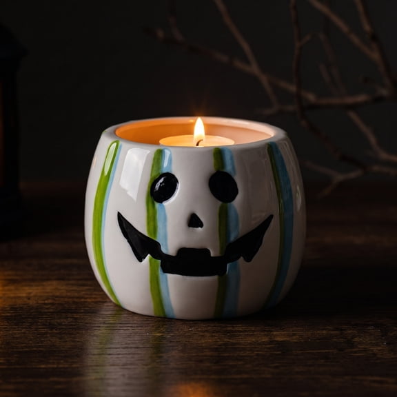 Halloween Ceramic Vessel,Halloween Glazed Ghost Face Multi Purpose Mini Pot With Drainage Flat Base,Fleshy Planter Trinket Storage Cup For Windowsill Tabletop Holiday Decor