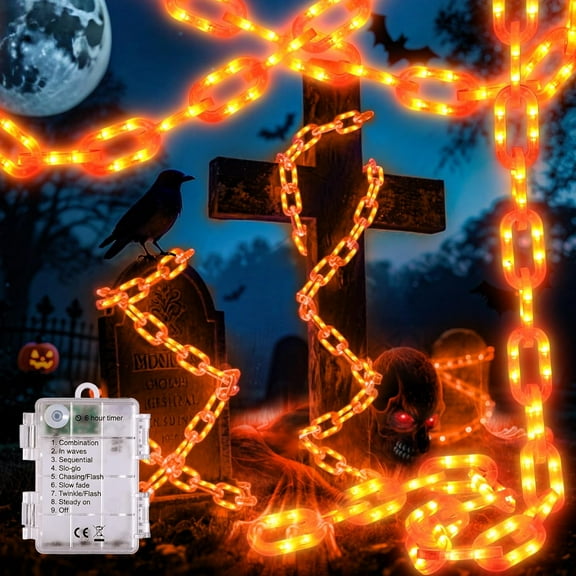 Halloween Chain String Lights - 10 Ft 160 LED Halloween Decorations Battery String Lights, Waterproof Halloween Decorative Plastic Chain String Lights, 8 Lighting Modes and Timer Function