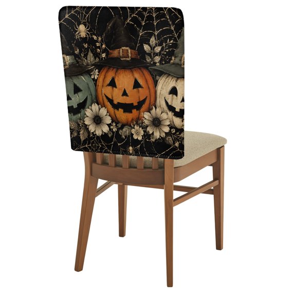 Halloween Chair Back Covers Set of 1 Green Orange White Jack-o-Lanterns Pumpkin Spiders Webs Removable Dining Chair Slipcovers Washable Seat Protector for Restaurant Party Banquet Kichen Decor