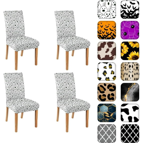 Halloween Chair Covers for Dining Room Set Of 4, Halloween Ghost Stretch Dining Chair Cover 4 Pieces, Washable Kitchen Parsons Chair Slipcovers 4 Pack, Removable Seat Protector for Home and Party
