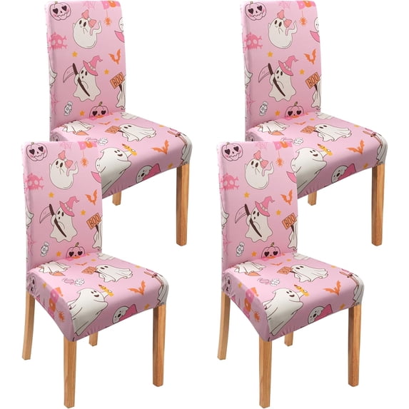 Halloween Chair Covers Set of 4, Cute Pumpkin Ghost Dining Chair Protectors, Pink Elastic Removable Washable Boo Dining Chair Covers, Suitable for Halloween Kitchen Restaurant Holiday Decor