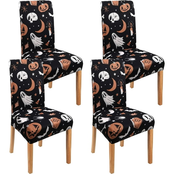 Halloween Chair Covers Set of 4, Gothic Style Pumpkin Gnome Dining Chair Protectors, Black Elastic Removable Washable Dining Chair Covers for Halloween Kitchen Restaurant Holiday Decor