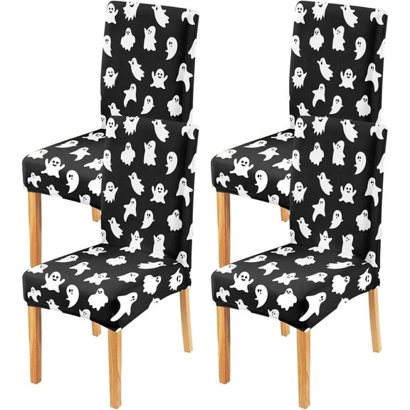 Halloween Chair Covers Set of 4,Halloween Ghost Parsons Chair slipcovers, Halloween Kitchen Dining Room Decor Chair Seat Cover Protectors(Cute Ghost,4 Pack)