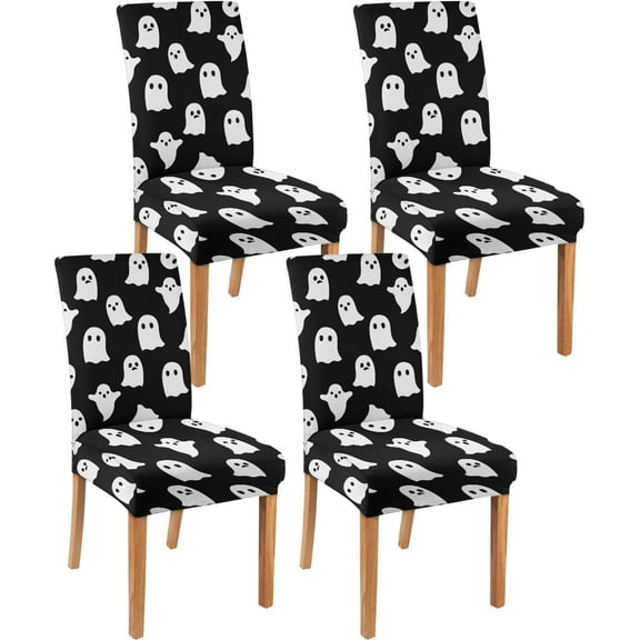 Halloween Chair Covers Set of 4,Holiday Dining Stretch Removable Protector,Black Cute Spooky Ghost Chair Back Covers Farmhouse Decor,Colorful Seat Slipcovers for Dining Room and Party