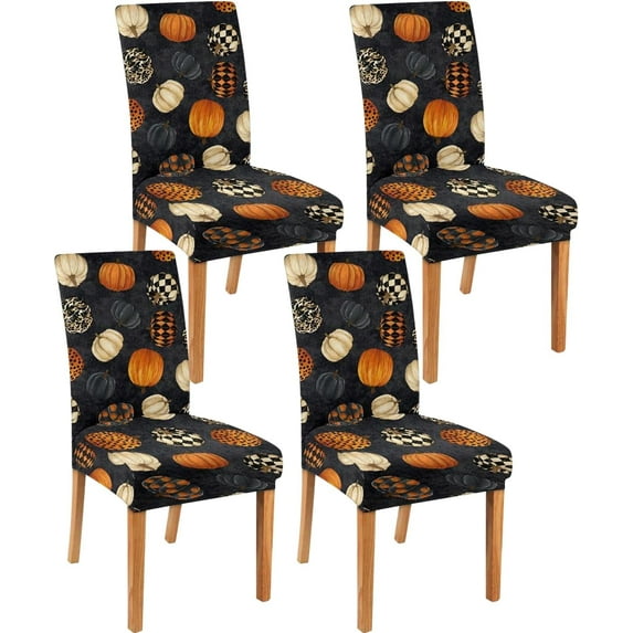 Halloween Chair Covers Set of 4,Holiday Dining Stretch Removable Protector,Fall Checkered Pumpkin Chair Back Covers Farmhouse Decor,Colorful Seat Slipcovers for Dining Room and Party