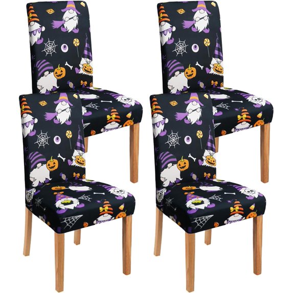 Halloween Chair Covers Set of 4, Scary Pumpkin Gnome Dining Chair Protectors, Black Elastic Removable Washable Dining Chair Covers for Halloween Kitchen Restaurant Holiday Decor