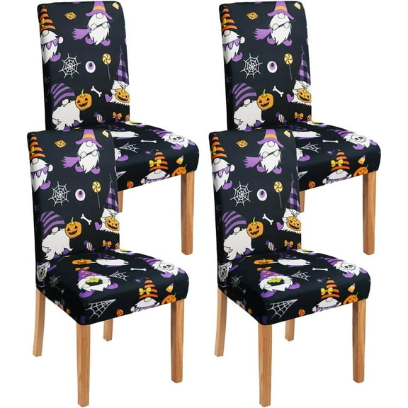 Halloween Chair Covers Set of 4, Scary Pumpkin Gnome Dining Chair Protectors, Black Elastic Removable Washable Dining Chair Covers for Halloween Kitchen Restaurant Holiday Decor