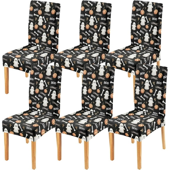 Halloween Chair Covers Set of 6,Halloween Ghost Parsons Chair slipcovers, Halloween Pumpkin Kitchen Dining Room Decor Chair Seat Cover Protectors(Halloween Ghost,6 Pack)