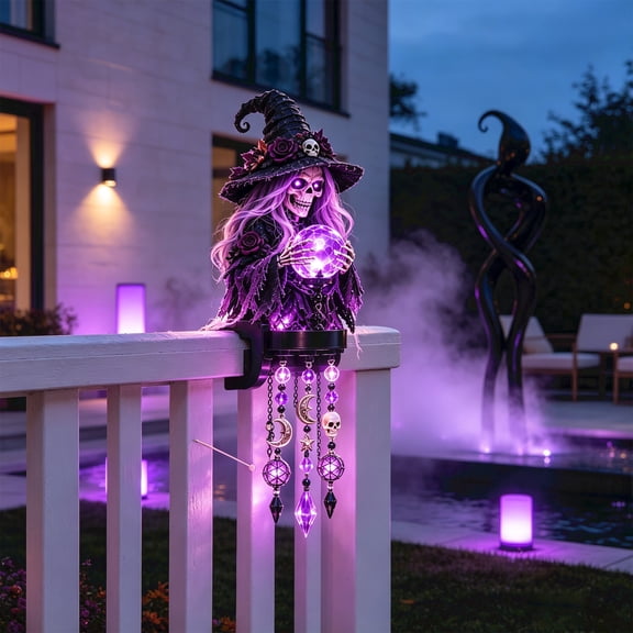 Halloween Character Glow Cascade Railing Lights, Light-Up Spooky with Wind Chime Lantern, Resin Glowing Fence Clip Ornament for Garden Yard Balcony Entryway, Holiday Haunted Decor, Witch