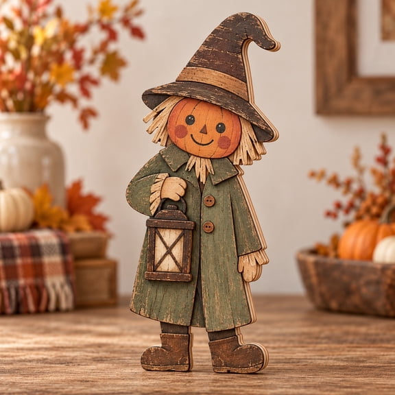 Halloween Character Plaque, Pumpkin Scarecrow with Lantern, 3-Layer Wooden Tabletop Accent for Fall Hosts