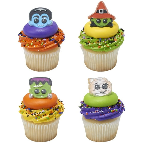 Halloween Characters Cupcake Rings  12 pcs Party Dessert Toppers (Mummy, Vampire, Witch, Frankenstein)