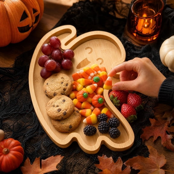 Halloween Charcuterie Board, Ghost Serving Tray, Wood Cheese Platter, Sturdy Durable Wood and Practical Generous Surface for Party Tables, Holiday Gatherings and Home Kitchens.
