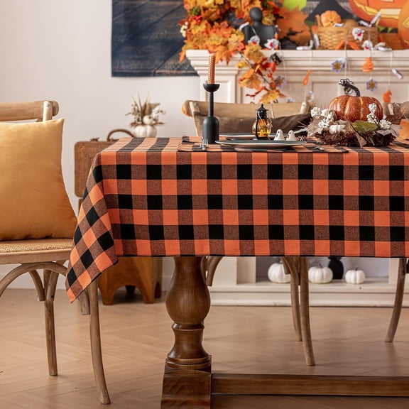 Halloween Checkered Tablecloth Rectangle - Orange Buffalo Plaid Fall Table Cloths, Stain Resistant Washable Table Cover for Dining/Parties/Holiday Decor, 54 x 54 Inch