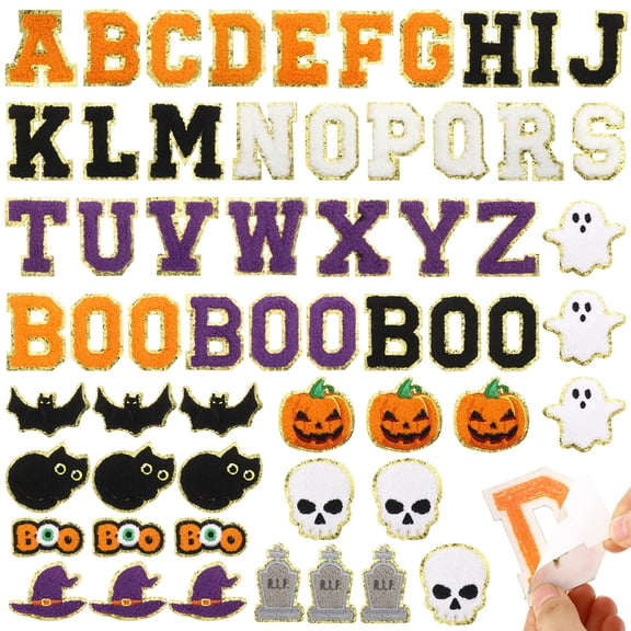 Halloween Chenille Patches 59 Piece Set A-Z Letters BOO Ghosts Pumpkins DIY Clothing Decor