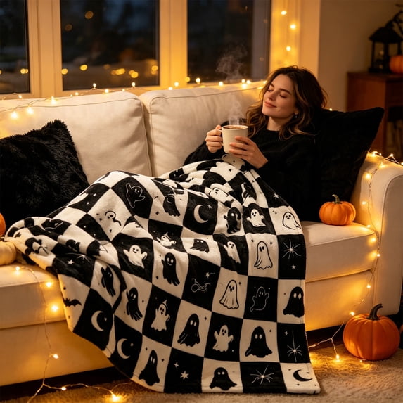 Halloween Chessboard Fleece Throw Blanket 35*40Inch Cozy Soft Fall Thanksgiving Decorative Blanket For Sofa Couch Bed Home Decor