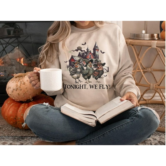 Halloween Chicken Witches Sweat Sweatshirt, Funny Chicken Tonight We Fly Crewneck, Halloween Farm Animal Pullover, Halloween Birthday BO120605