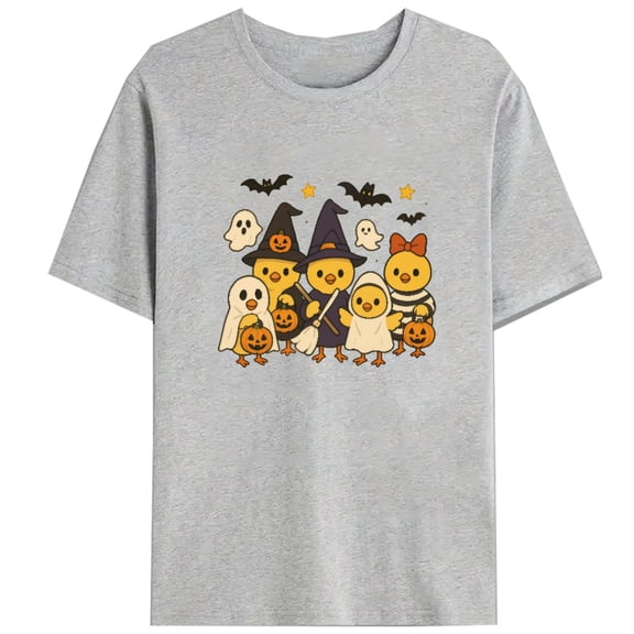 Halloween Chicks Tee Colorful Ghosts Bats Design T Shirt Playful Cartoon Graphic Tees Top Cotton Gray S-3XL