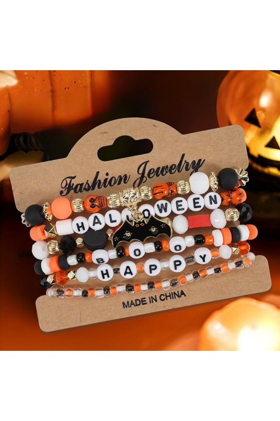 Halloween Bracelets for Women, Bohemian Bracelets, Pumpkin Ghost Steleton Bat Skull Beaded Stackable Stretchy Bracelet Thanksgiving Christmas Bracelets