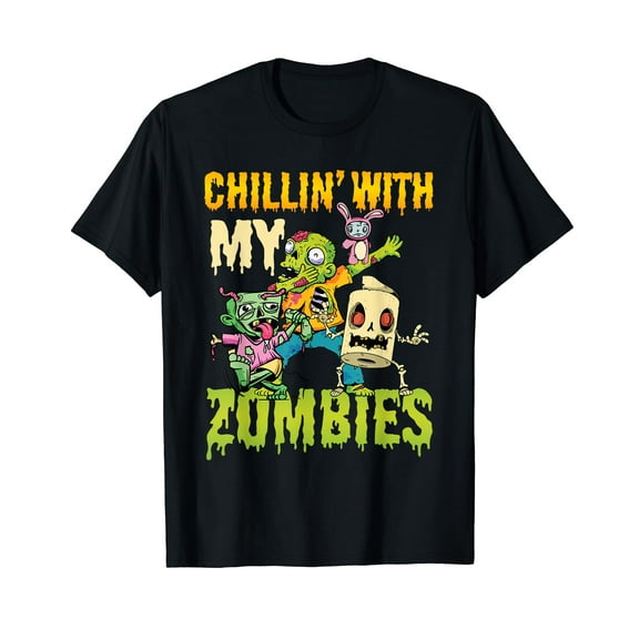 Halloween Chillin With My Zombies Boys Men Halloween Black T-Shirt Gift Top