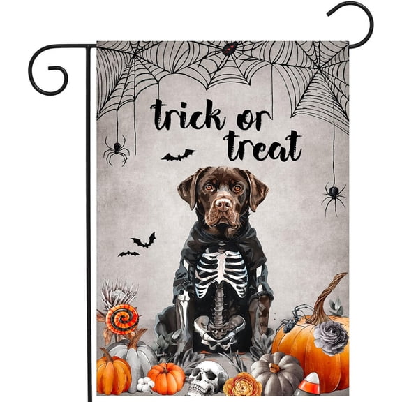 Halloween Chocolate Lab Garden Flag Trick or Treat Yard Flag Ghost Labrador Dog Garden Flags for Outside 12x18 Double Sided Mini Skeleton Halloween Decor Outdoor Lawn Welcome Flag