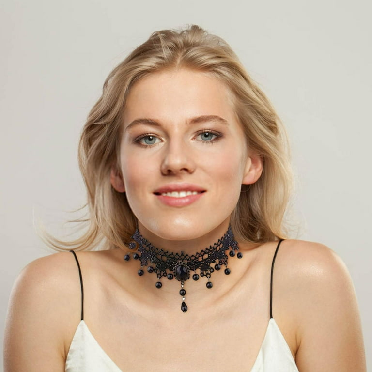 Halloween Choker Necklace Gothic Rhinestone Lace Adjustable Black