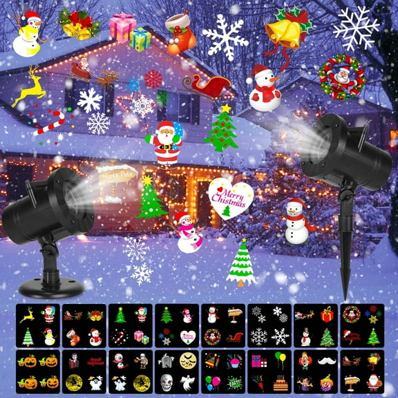 Halloween Christmas Projector Lights Outdoor with 16 Patterns Slides IP65 Waterproof Snowflake Projection Holiday Lights