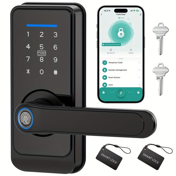 Halloween & Christmas Special, Tuya Smart Fingerprint Door Lock with Handle, Keyless Entry Supports Fingerprint, IC Card, Passcode, App and Physical Key
