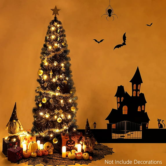 Halloween Christmas Tree, 7.5 Feet Black Christmas Tree with 1000 Tips, Collapsible Pencil Christmas Tree with Metal Stand for Halloween, Indoor Outdoor Party Decorations, SS1499