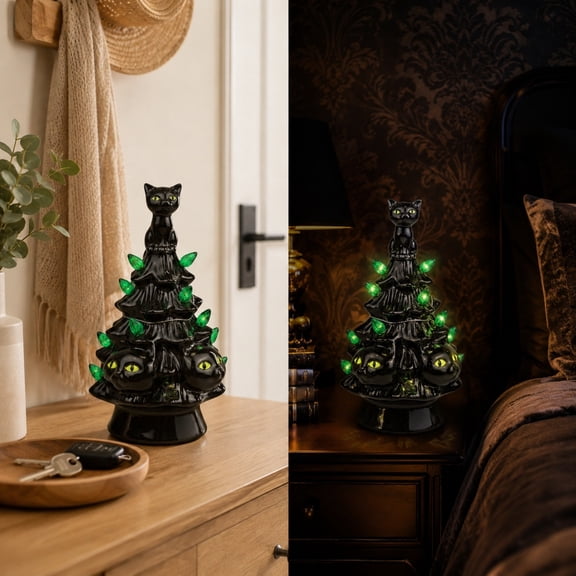 Halloween Christmas Tree Ornament, Tabletop Festive Decoration, Spooky Holiday Centerpiece, Mini Prelit Tree with Skulls, Dual Season Decor for Home