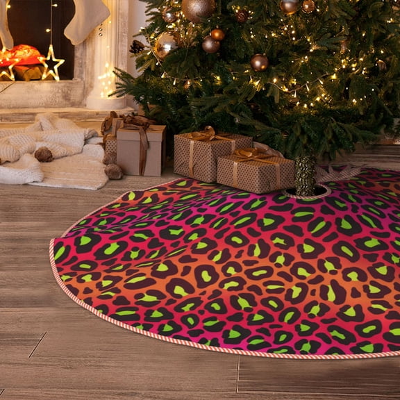 Halloween Christmas Tree Skirt - 80s 90s retro pink red leopard 36 Inches Christmas Tree Skirt for Halloween Holiday Indoor Home Christmas Tree Decorations with Three Ribbons